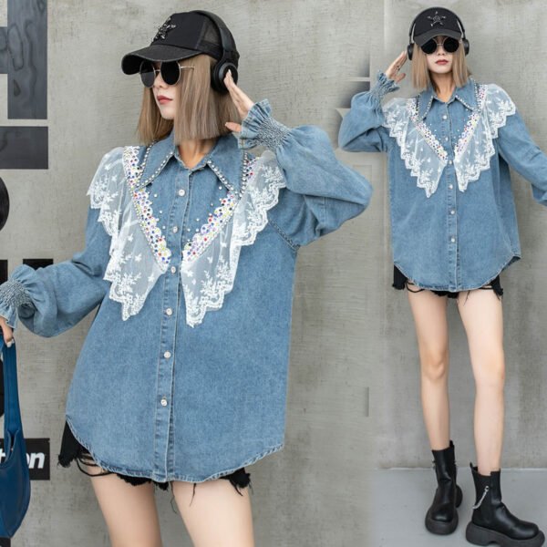 Ladies Lace Splicing Denim Long-sleeved Tops - Image 4