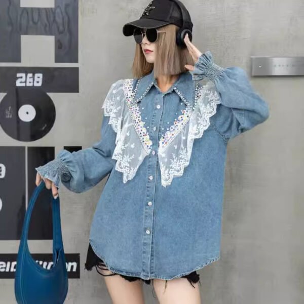 Ladies Lace Splicing Denim Long-sleeved Tops